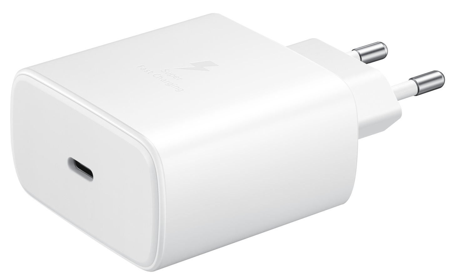 Fehér Samsung gyorstöltő adapter. USB-C porttal, kétpólusú csatlakozóval és villám logóval rendelkezik.