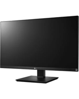 Un monitor de computadora negro grande sobre un soporte, sobre un fondo blanco.