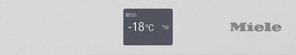 Ein Miele-Display mit -18°C, mit einem Batteriesymbol, auf hellgrauem Hintergrund.