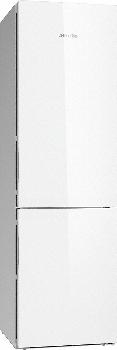 Weißer Miele-Kühlschrank. Hohes, zweitüriges Design. Schlichter Stil.