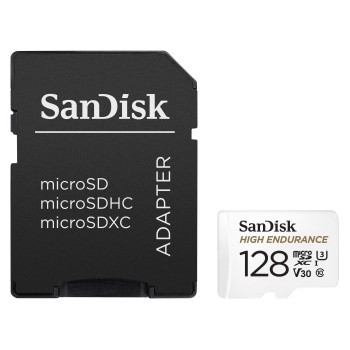 Ein schwarzer SD-Kartenadapter und eine weiße Micro-SD-Karte. Die Karten stammen von der Marke SanDisk.