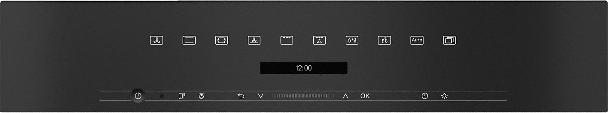 Bedienfeld mit Knöpfen und einer digitalen Uhranzeige.