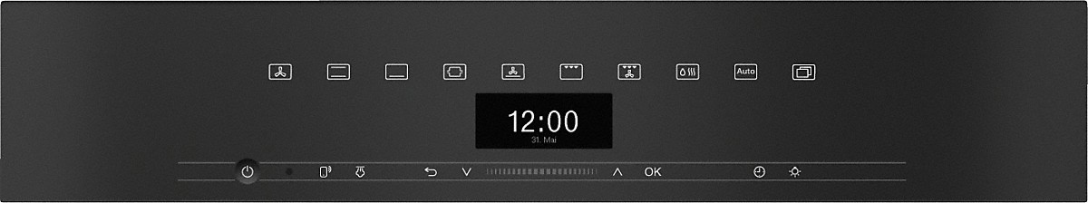 Ein schwarzes Bedienfeld mit einer Digitaluhr, die 12:00 anzeigt, sowie verschiedenen Symbolen und Tasten.