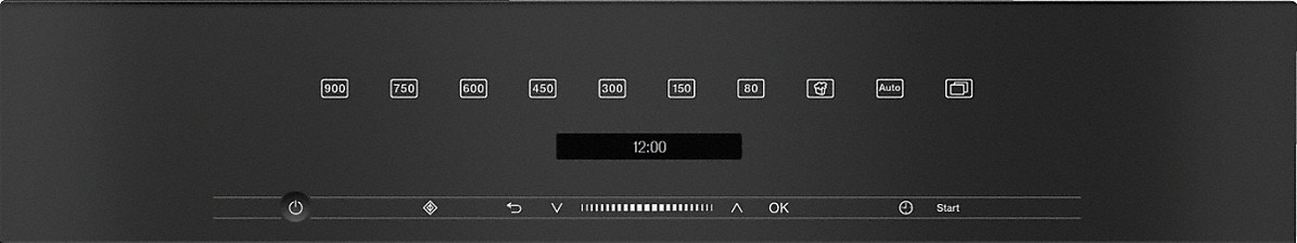 Schwarzes Bedienfeld mit Tasten für Leistung, Einstellungen und Funktionen. Digitalanzeige zeigt 12:00. Inklusive Start-Taste.
