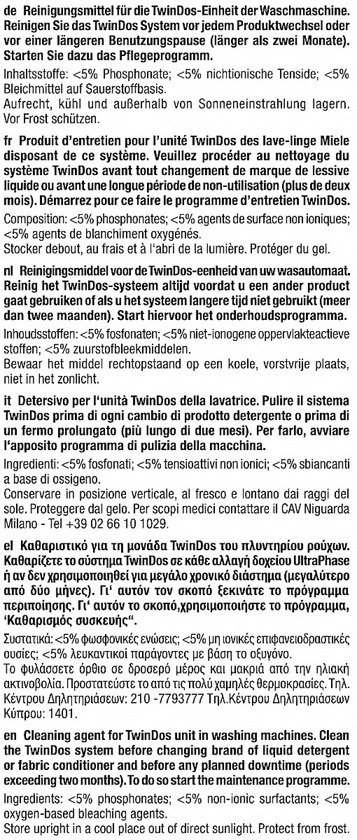 Ein mehrsprachiges Dokument mit Reinigungsanweisungen für eine Waschmaschine.