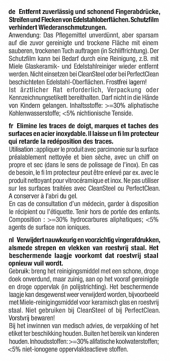 Text über ein Reinigungsmittel für Edelstahl, das Fingerabdrücke und Streifen entfernt.