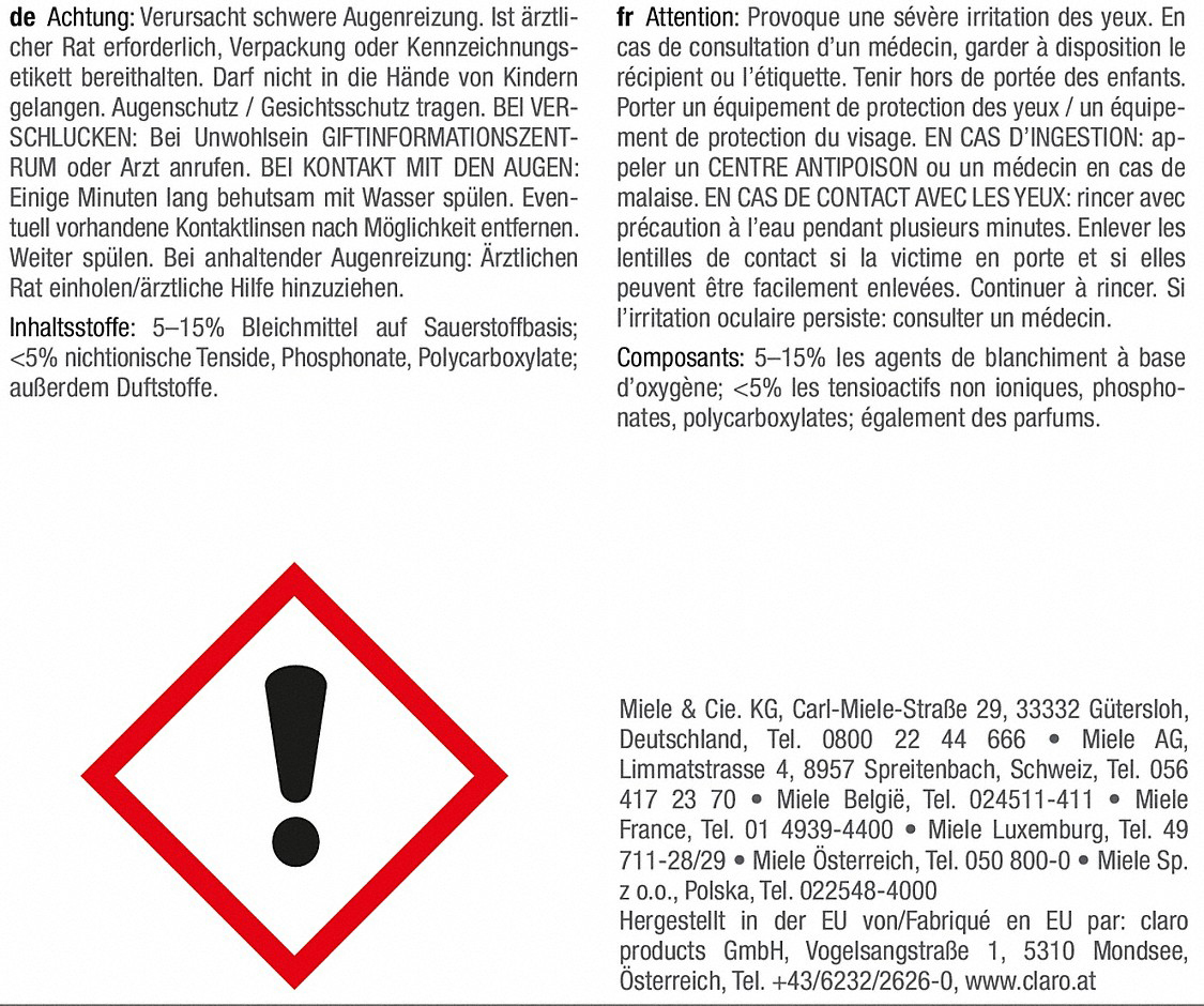 Warnsymbol mit Ausrufezeichen. Französischer Text: Reizstoffe enthalten, bei Verschlucken Arzt aufsuchen.