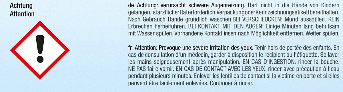 Warnsymbol mit Ausrufezeichen in einem Diamanten. Text auf Deutsch und Französisch über Augenreizung.
