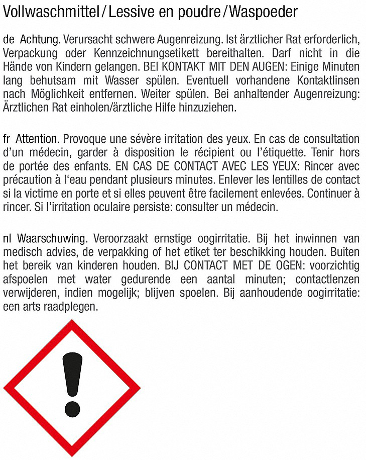 Ein Warnhinweis mit Ausrufezeichen und Text in mehreren Sprachen zu Augenreizungen und Erster Hilfe.