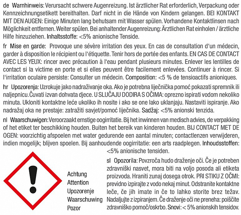 Warnhinweis mit Ausrufezeichen und Text in mehreren Sprachen.
