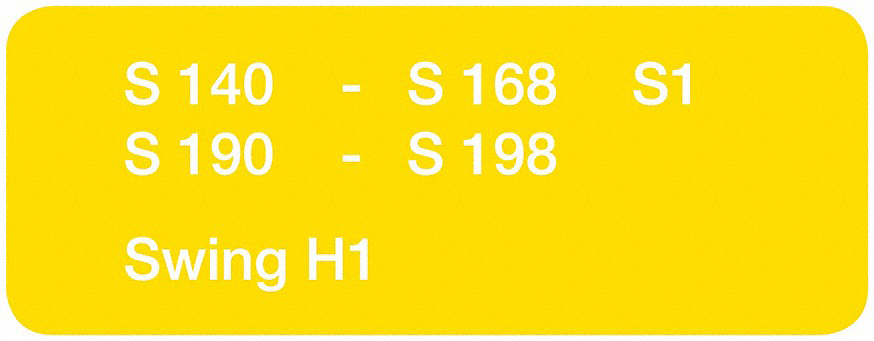 Gelber Aufkleber mit weißem Text. Texte umfassen S140-S168 S1 und S190-S198, plus Swing H1.