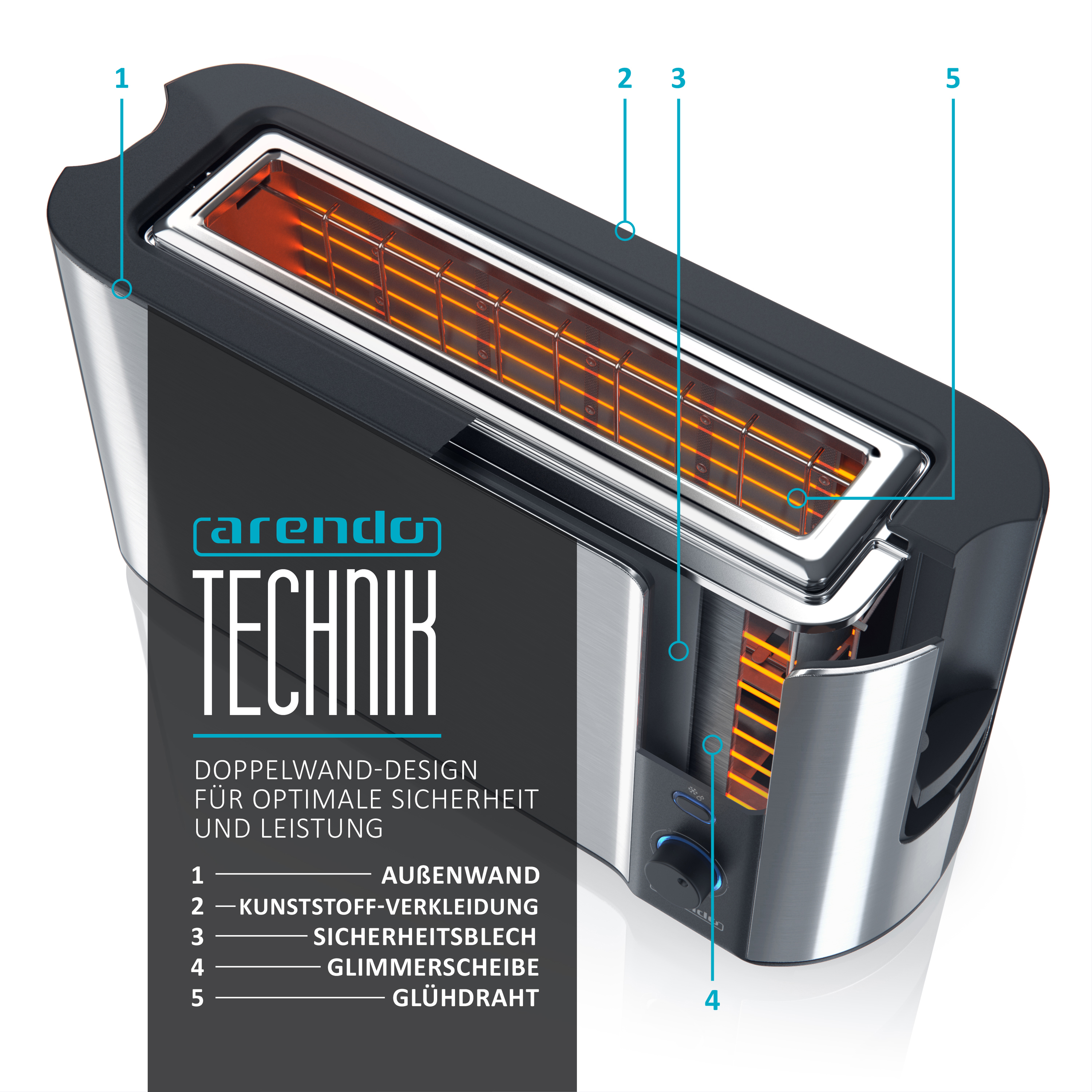 ARENDO 303086 Frukost Toaster Silber/Schwarz (1000 Watt, Schlitze: 1)