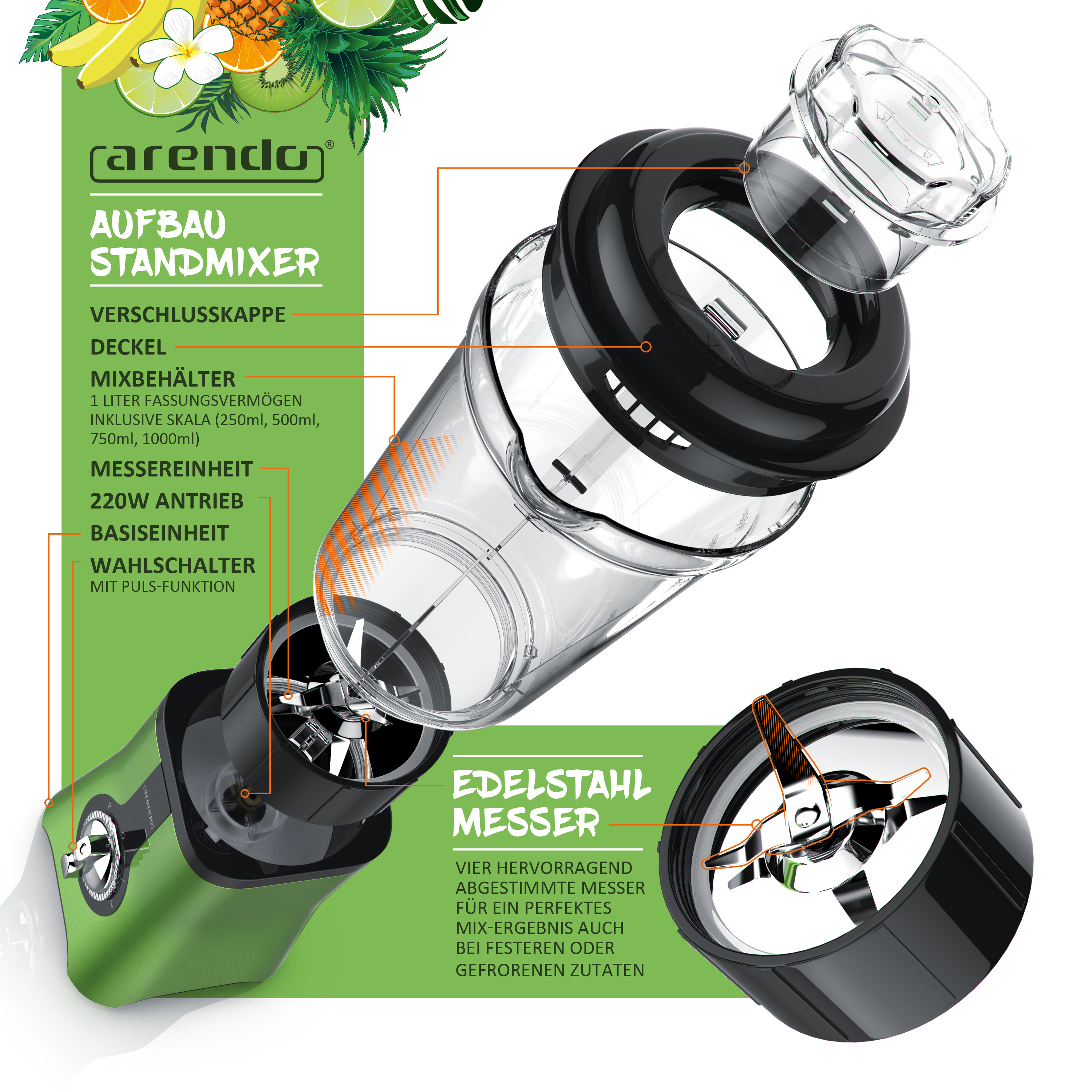 ARENDO 303039 Standmixer Metallic Grün (220 Watt, 1 l)