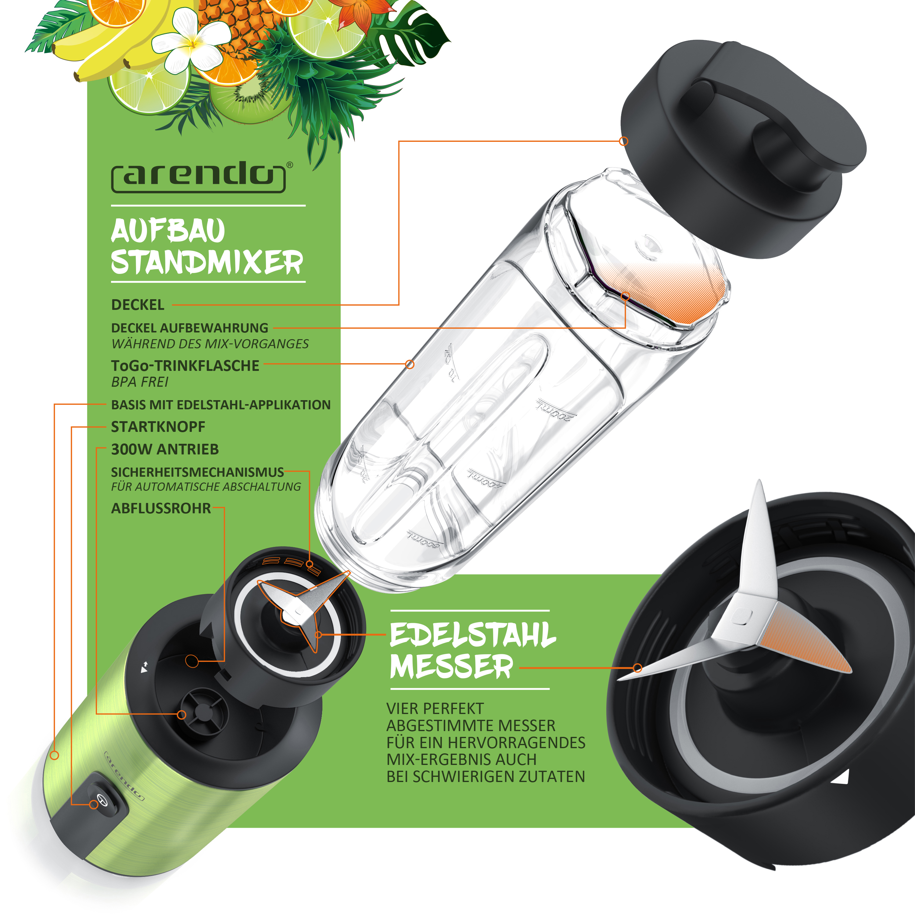 ARENDO 303012 inkl. 2x ToGo-Becher Standmixer Metallic Grün (300 Watt, 0.6 l, 0.6 l)
