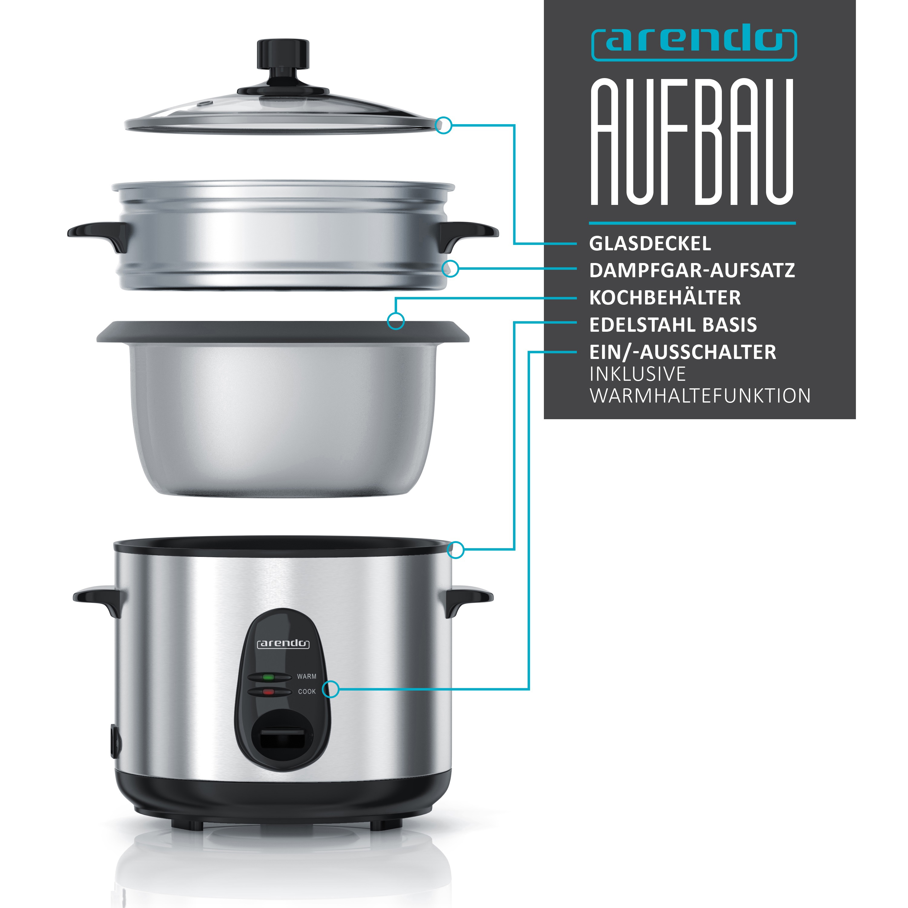 ARENDO 301224 Edo Reiskocher (400 Watt, Silber)