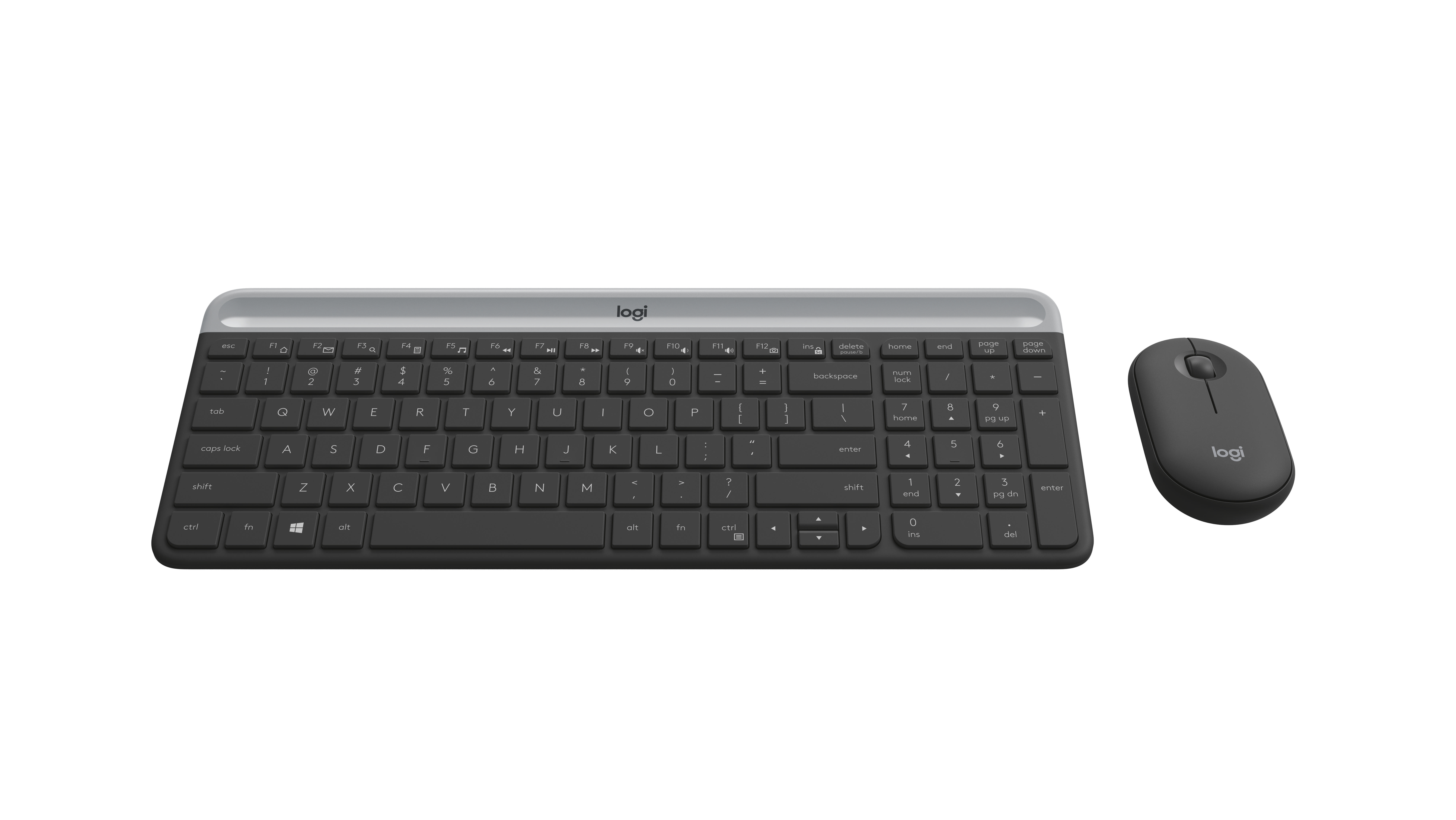 Siyah ve gümüş renkli bir Logitech klavye ve siyah bir fare gösteriliyor.
