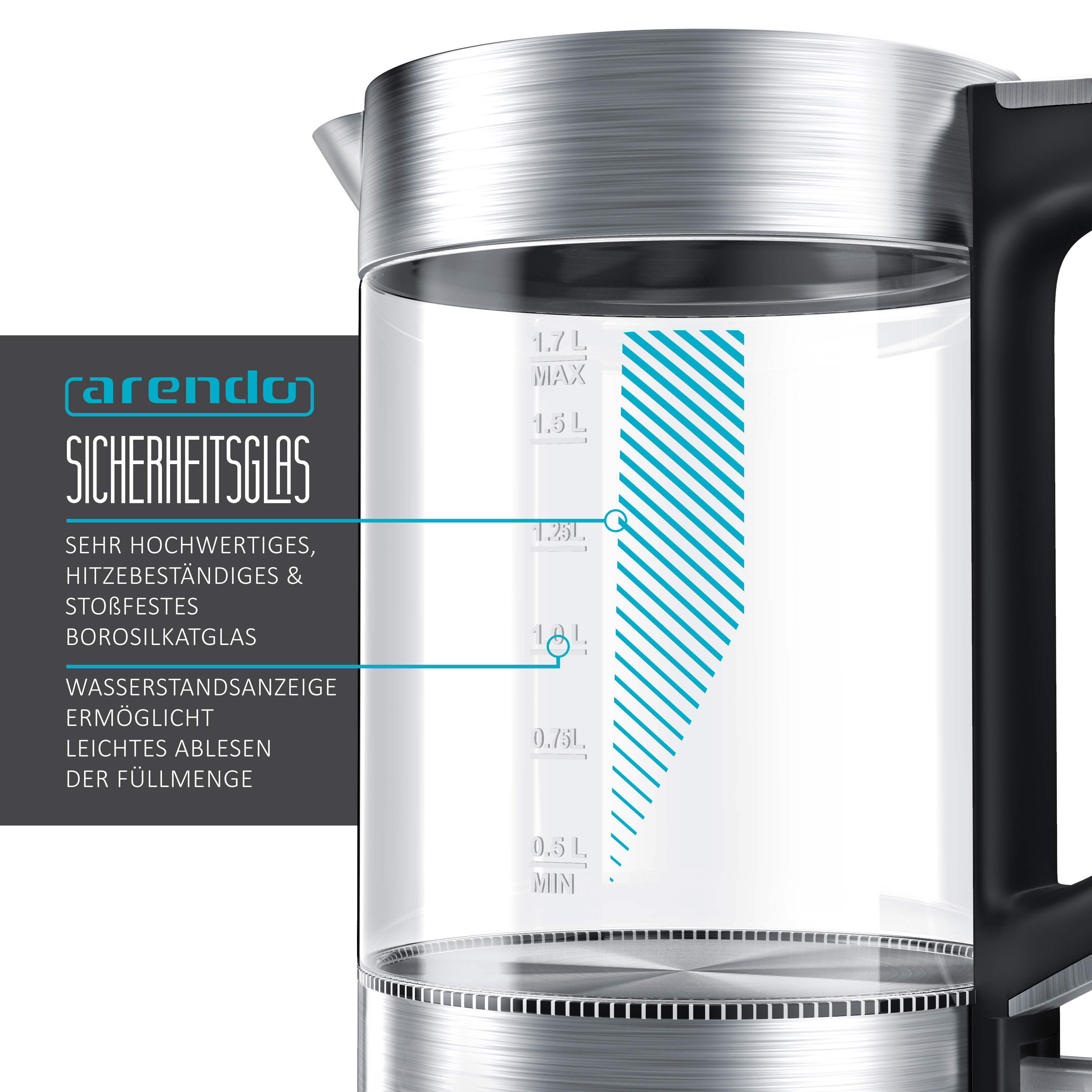 ARENDO 303076 Solid Wasserkocher, Transparent/Silber/Schwarz