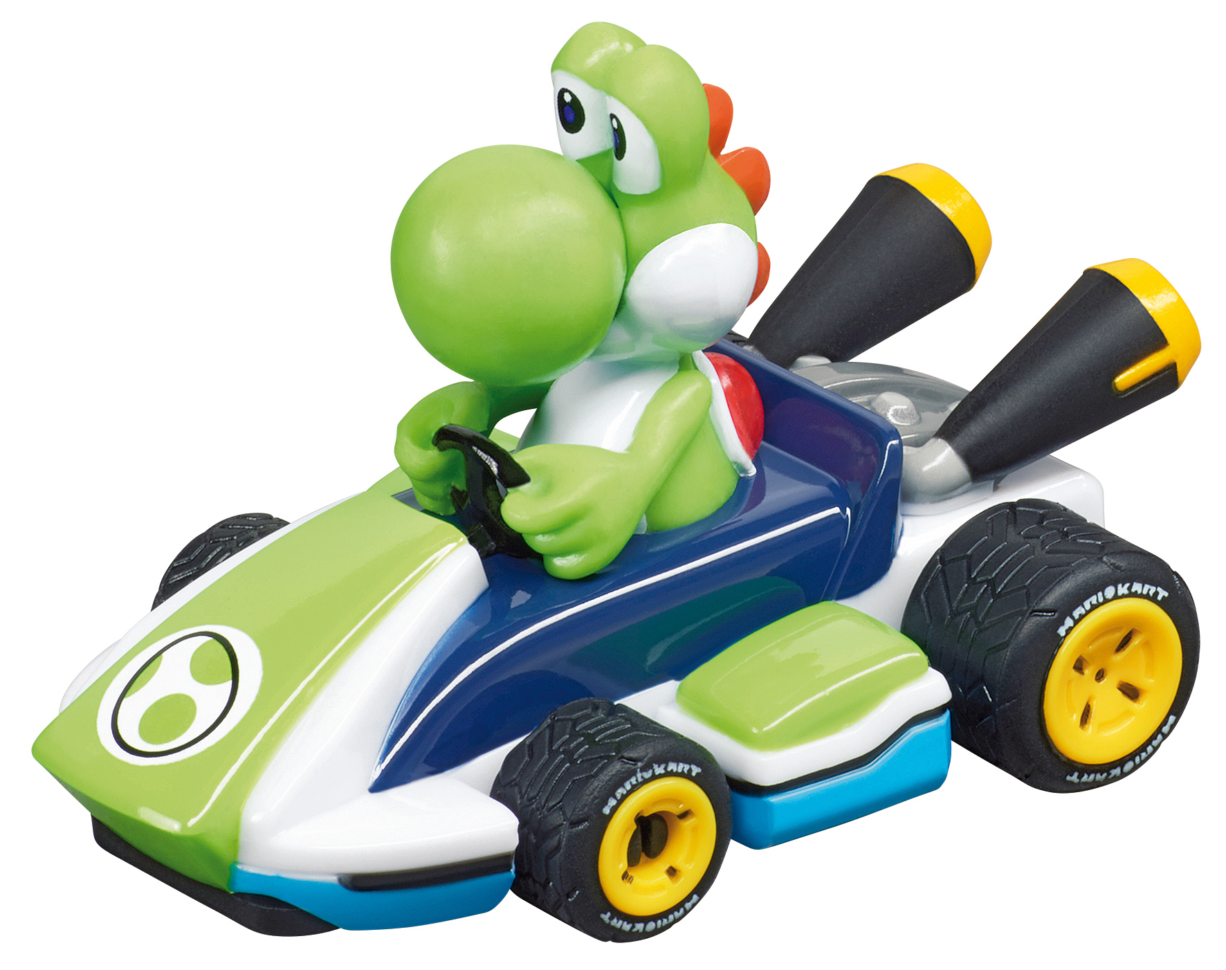 Yoshi-Spielfigur in einem Mario Kart-Fahrzeug, grüner Yoshi fährt einen blau-weißen Kart.