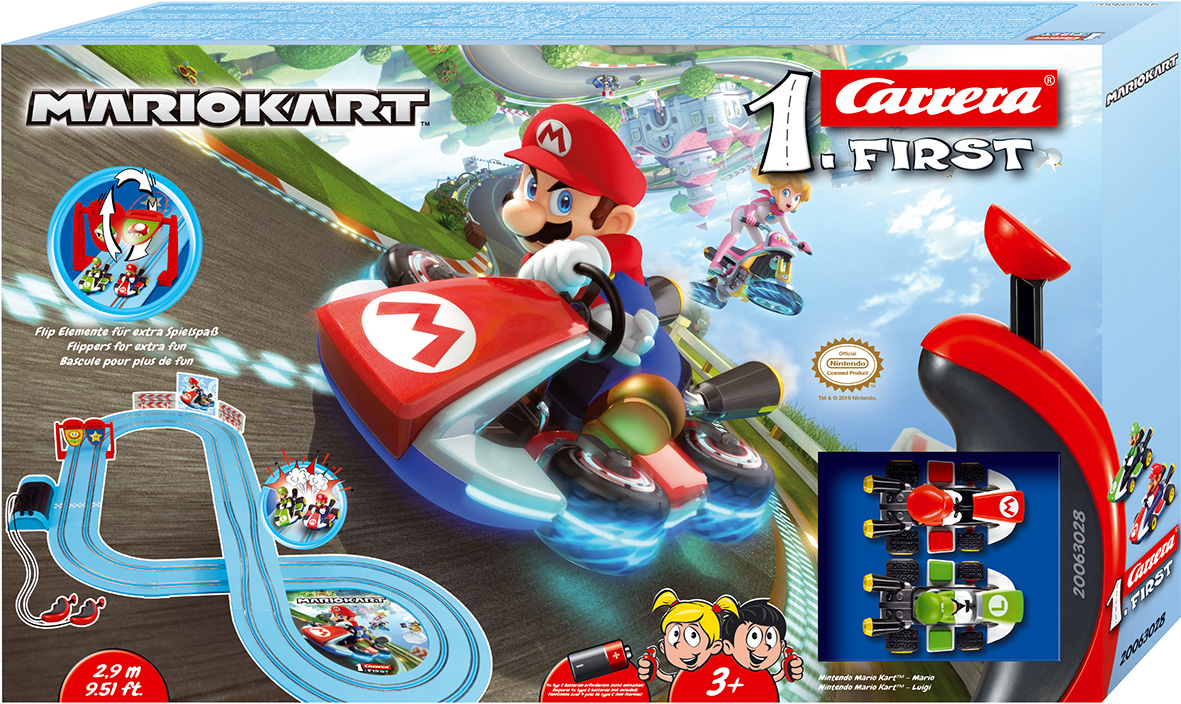 Mario Kart Carrera First Set mit Mario in einem Kart. Strecke und Steuerung links, Box rechts.
