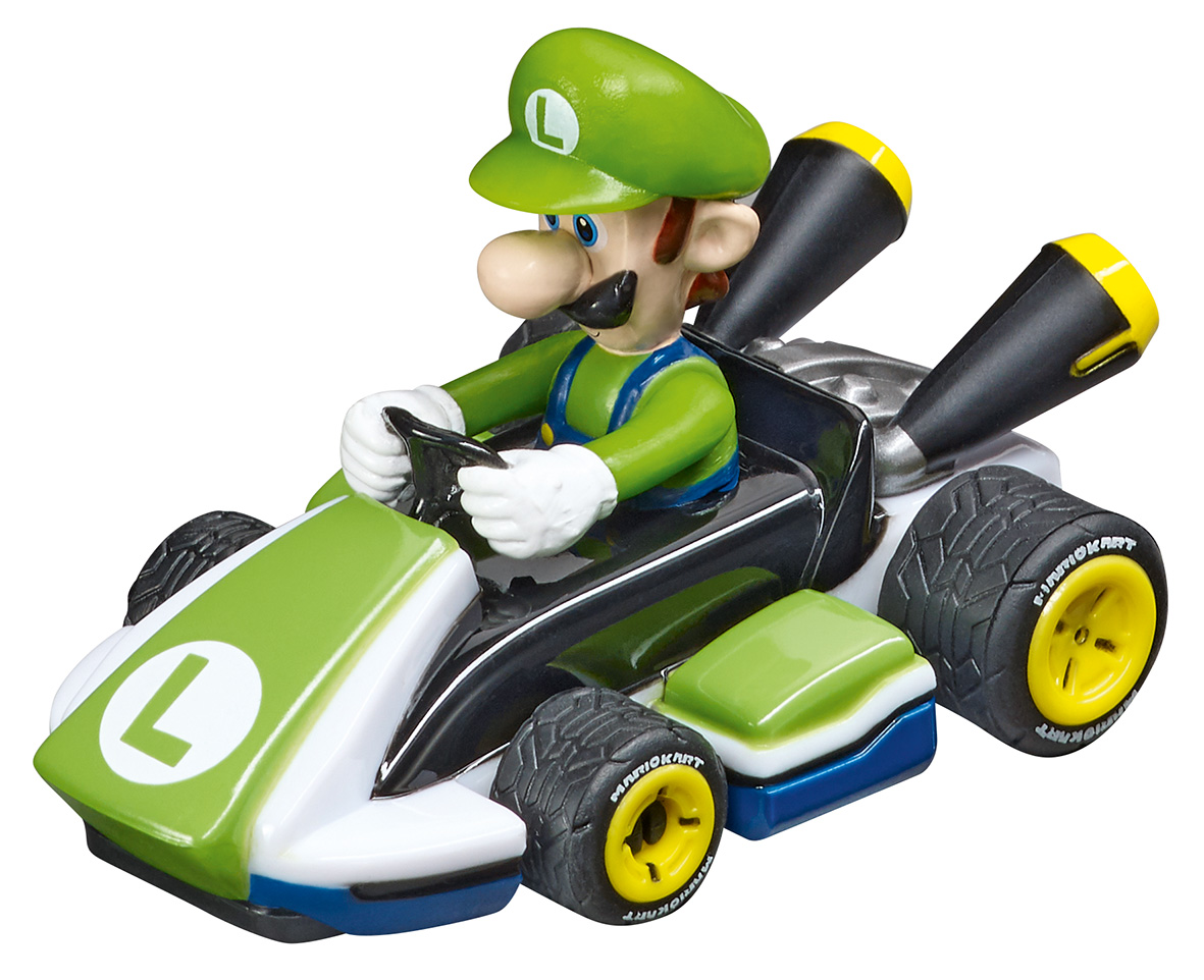 Luigi fährt einen grünen und weißen Mario Kart. Er trägt einen grünen Hut und Latzhose.