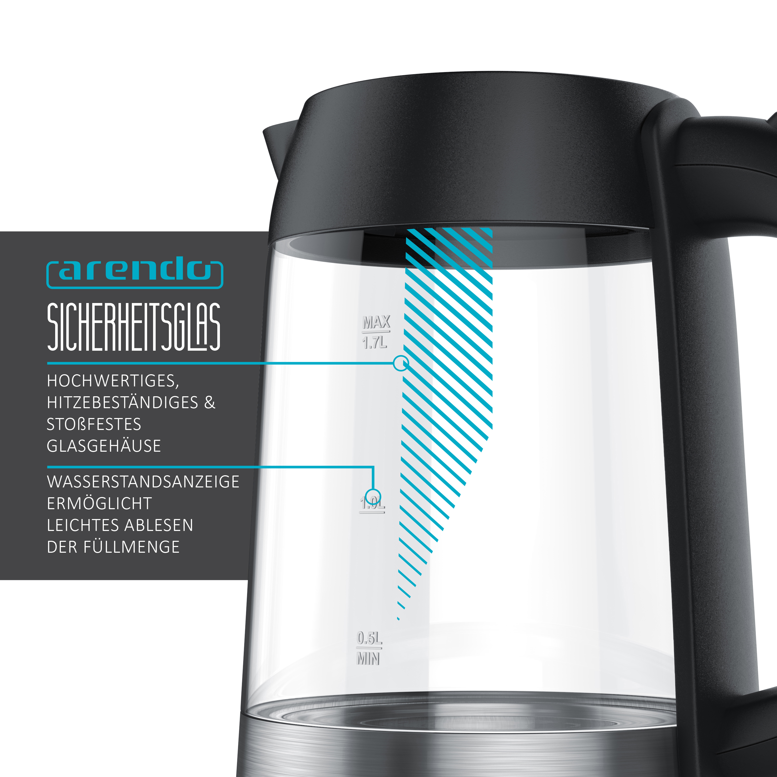 ARENDO 30052 Primewater Wasserkocher, Transparent/Silber/Schwarz