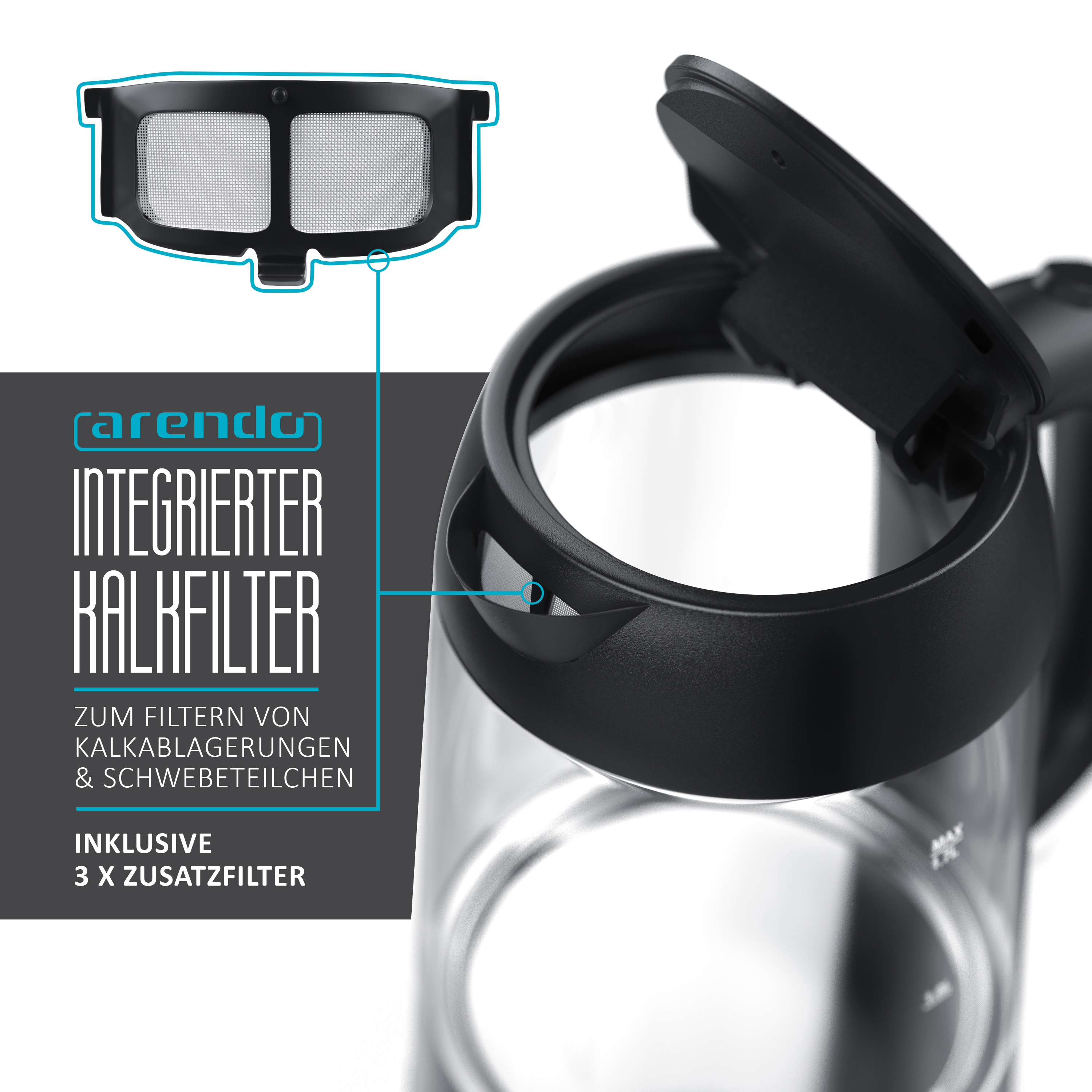 ARENDO 30052 Primewater Wasserkocher, Transparent/Silber/Schwarz