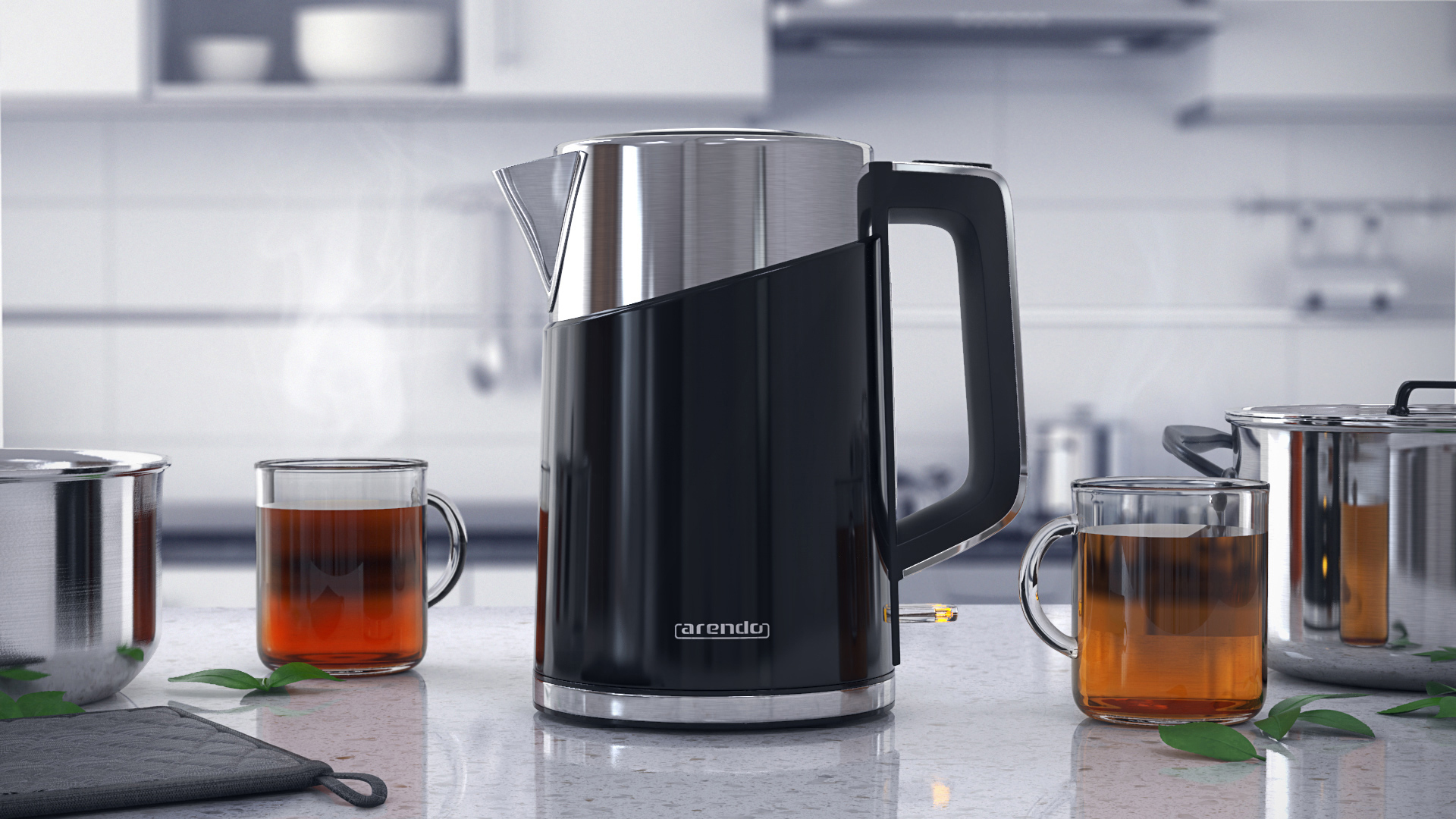 ARENDO 302550 Design Wasserkocher, Schwarz/Silber