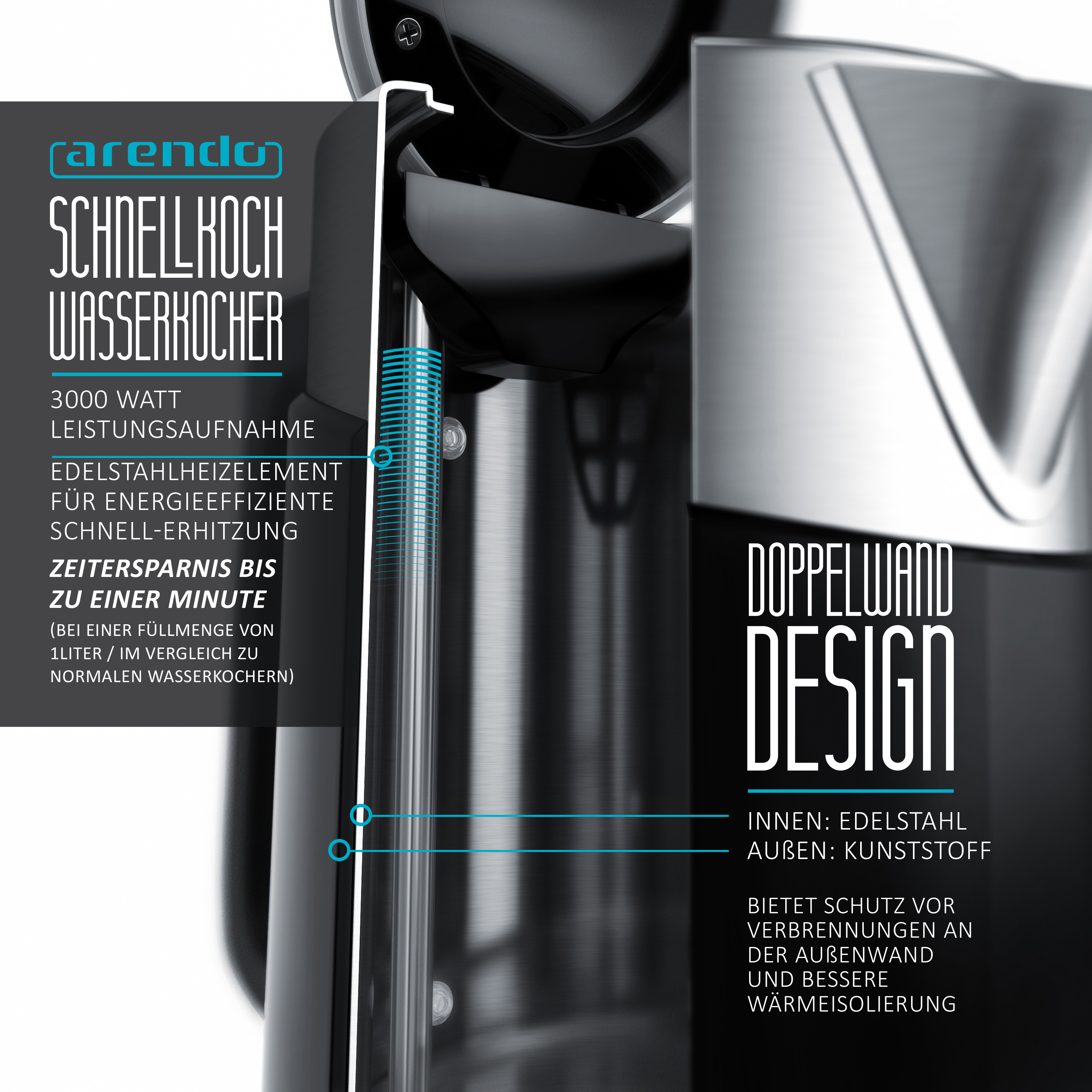 ARENDO 302550 Design Wasserkocher, Schwarz/Silber