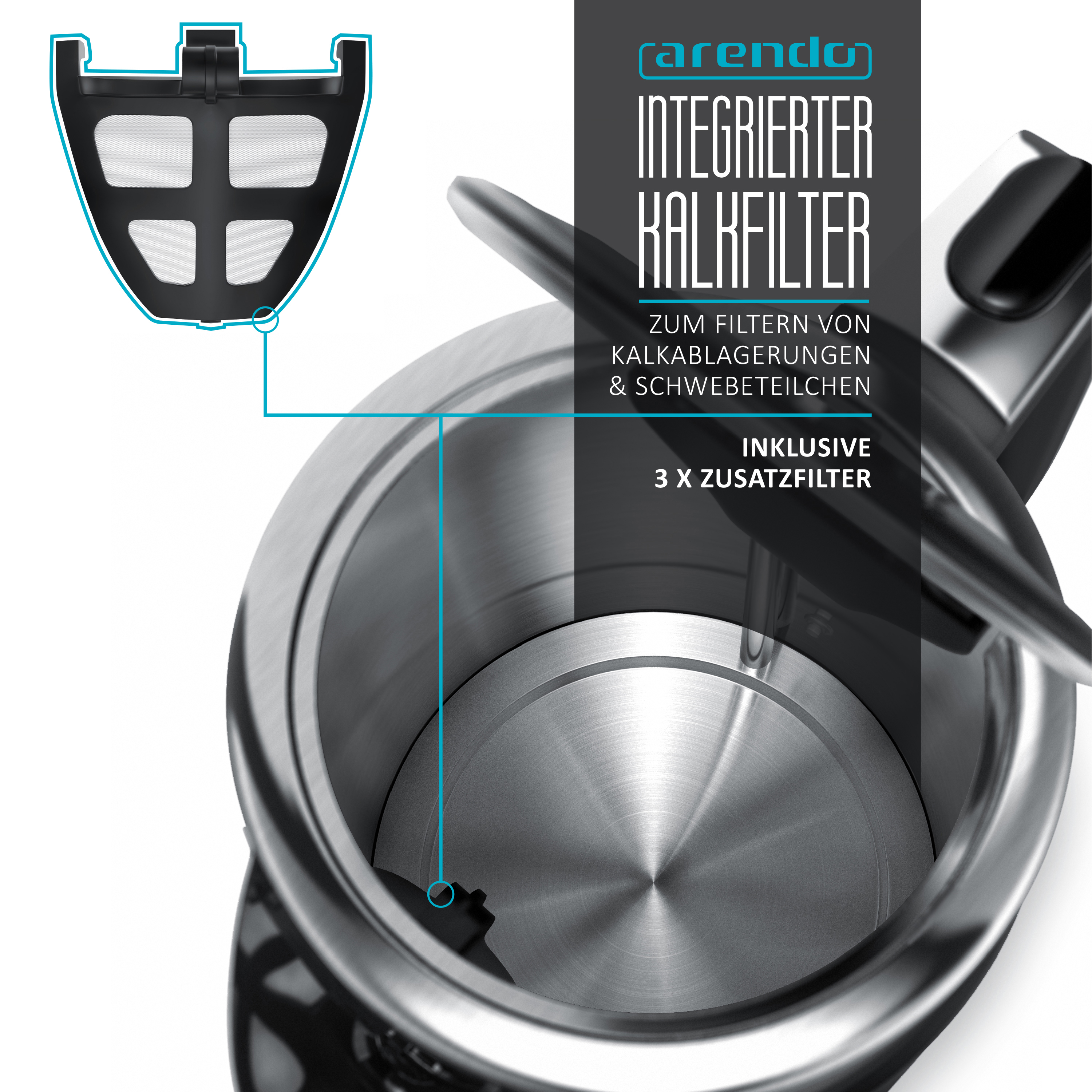 ARENDO 302550 Design Wasserkocher, Schwarz/Silber
