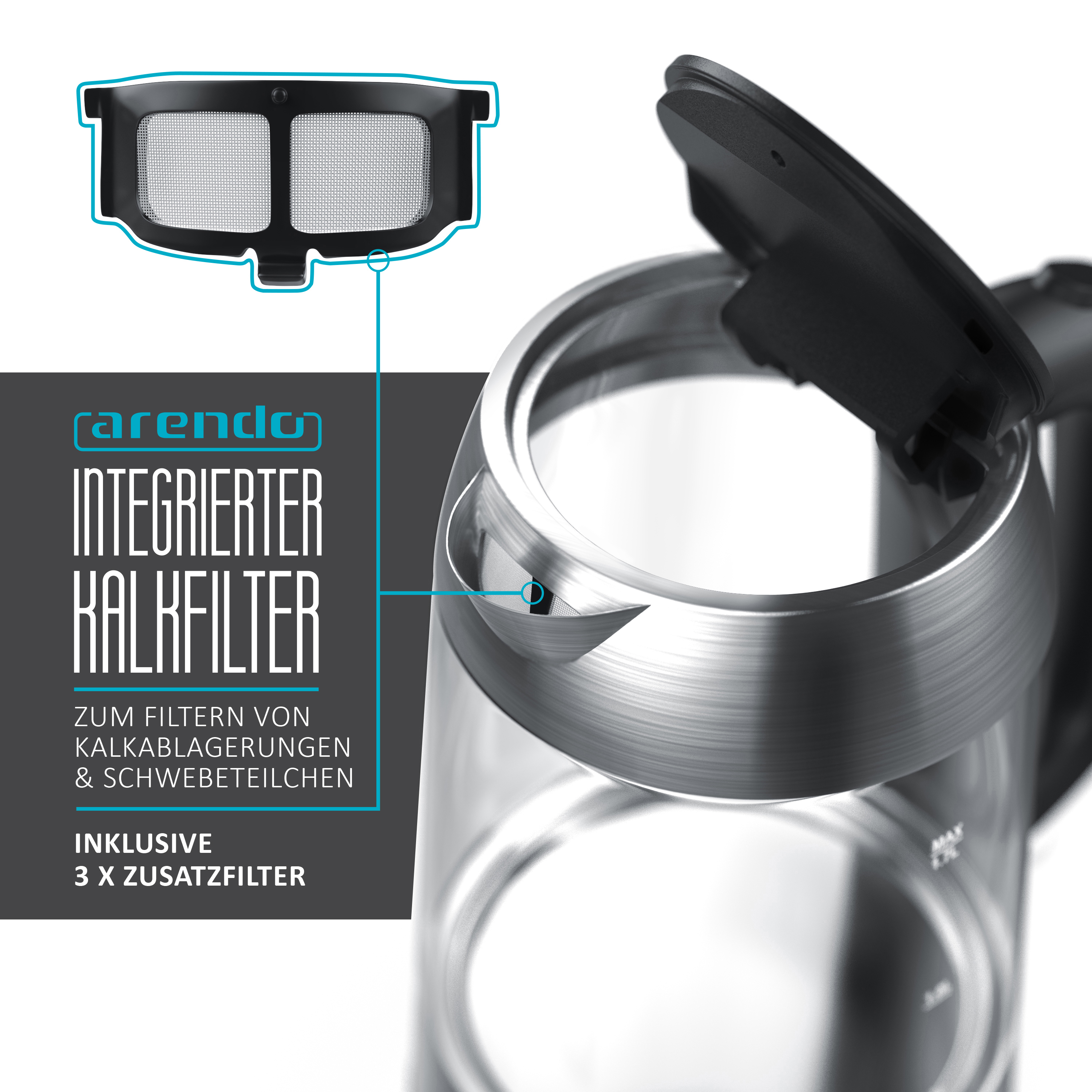 ARENDO 300908 Primewater Wasserkocher, Transparent/Silber/Schwarz