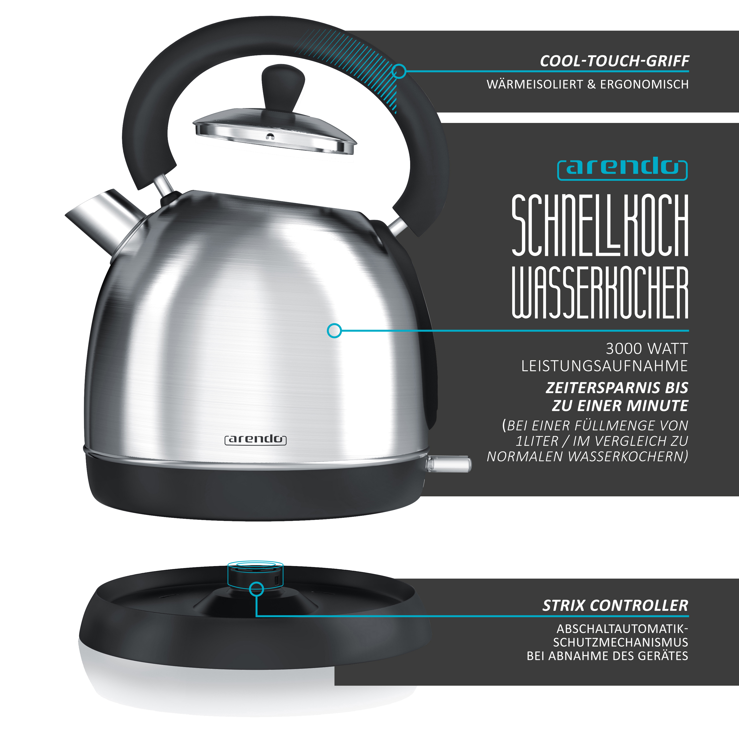 ARENDO 300718 Retro Wasserkocher, Silber/Schwarz