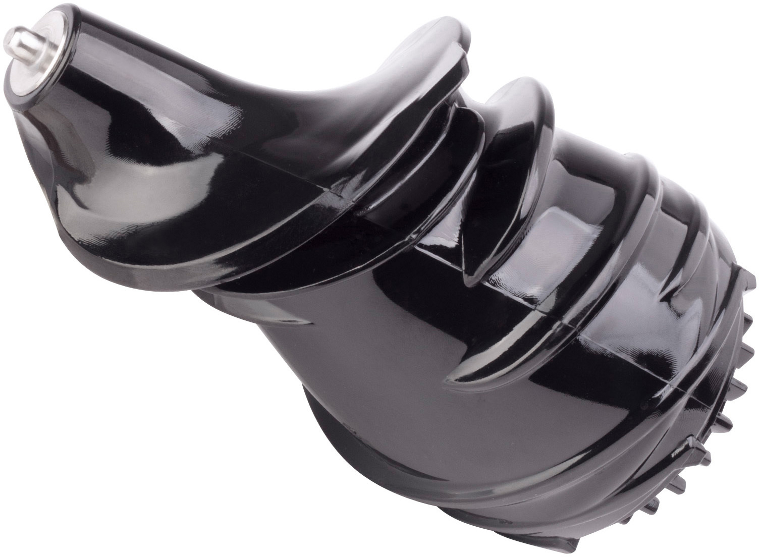 Ein schwarzes Kunststoff-Entsafterteil mit Spiraldesign, glänzender Oberfläche und metallischer Spitze, isoliert auf weißem Hintergrund.