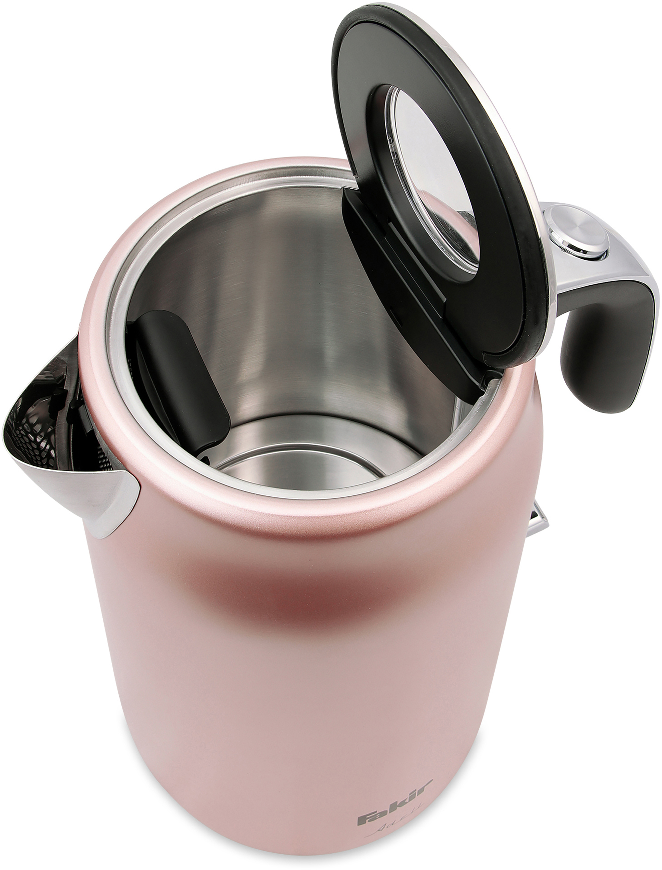 Ein pinkfarbener Wasserkocher, offen. Der Innenraum ist aus Edelstahl. Der Deckel ist geöffnet und zeigt das Innere.