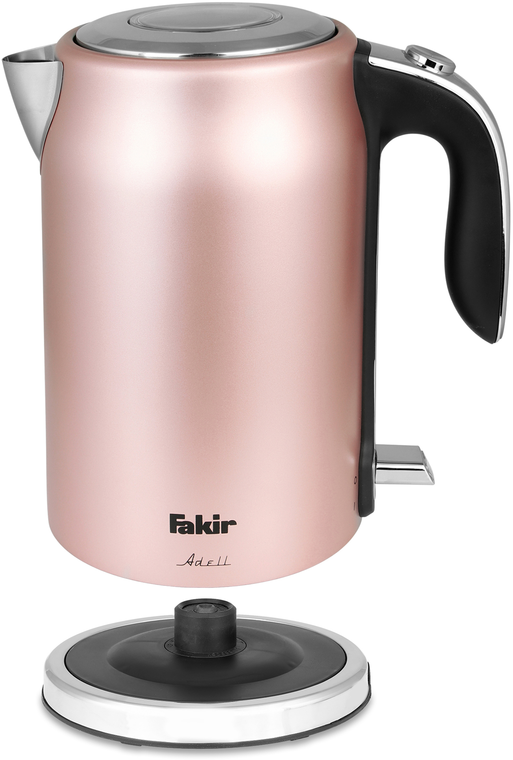 Ein roségoldener Wasserkocher mit schwarzem Griff auf abnehmbarer schwarzer Basis.