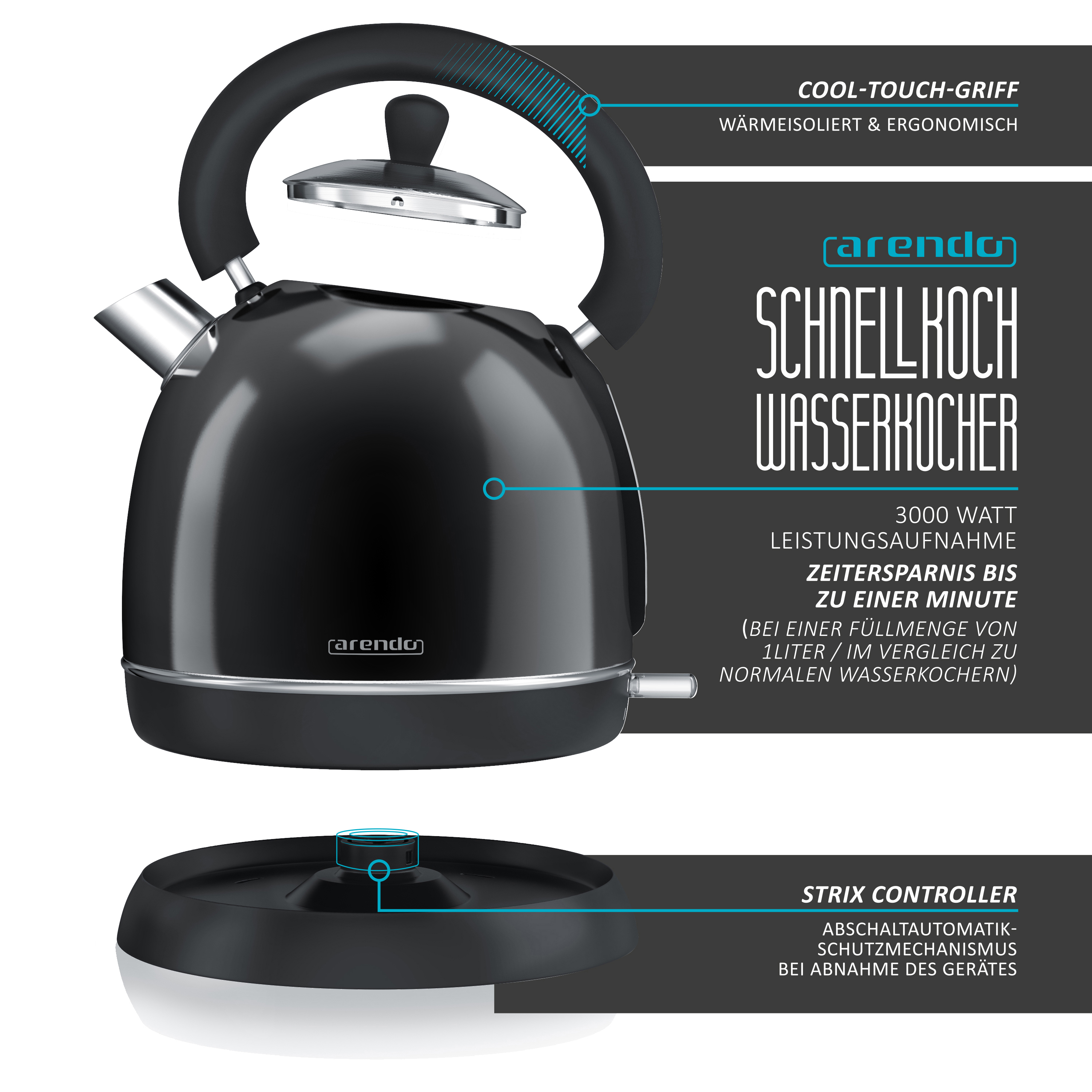 ARENDO 300719 Retro Wasserkocher, Schwarz/Silber