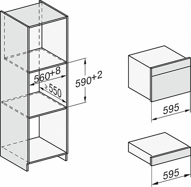Diagramm von Einbauküchenelementen mit Abmessungen. Weißer Hintergrund.