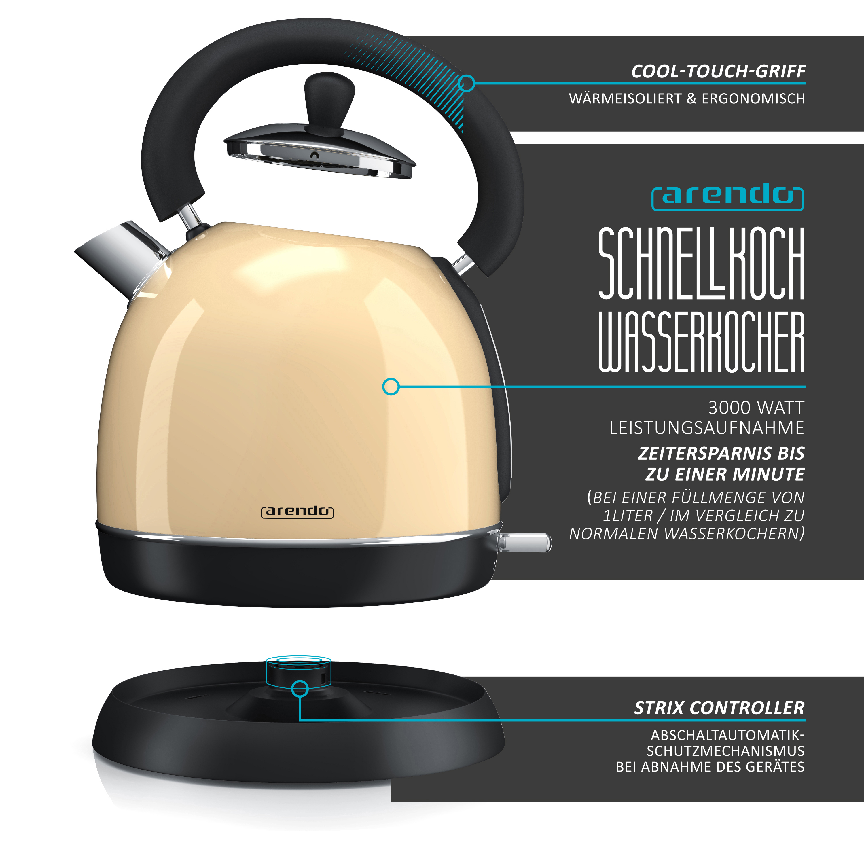 ARENDO 300721 Retro Wasserkocher, Beige/Schwarz/Silber