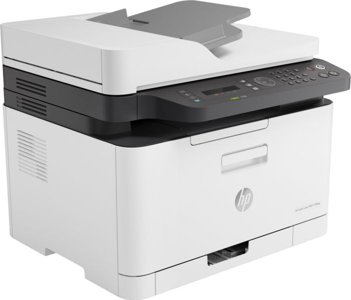 Weißer und grauer HP-Drucker, Draufsicht mit Bedienfeld und offenem Deckel.