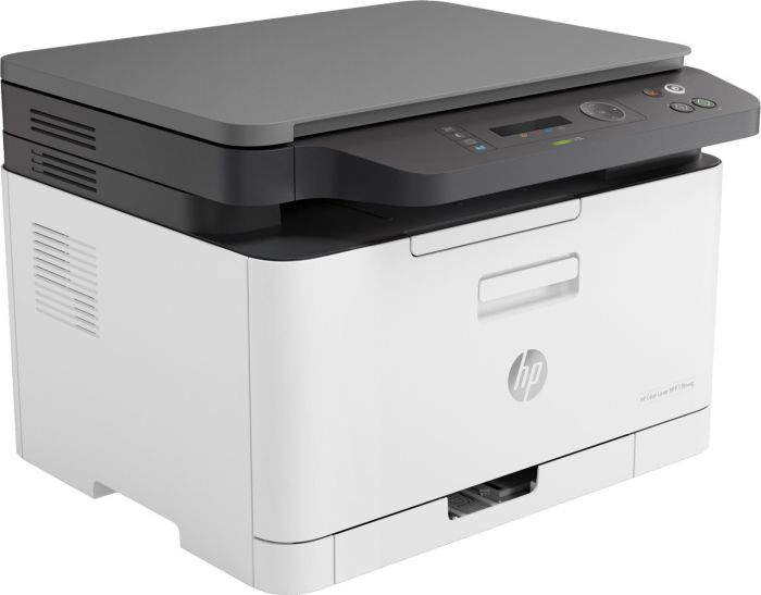 Weißer und grauer HP LaserJet Pro Drucker mit geöffnetem Scannerdeckel.