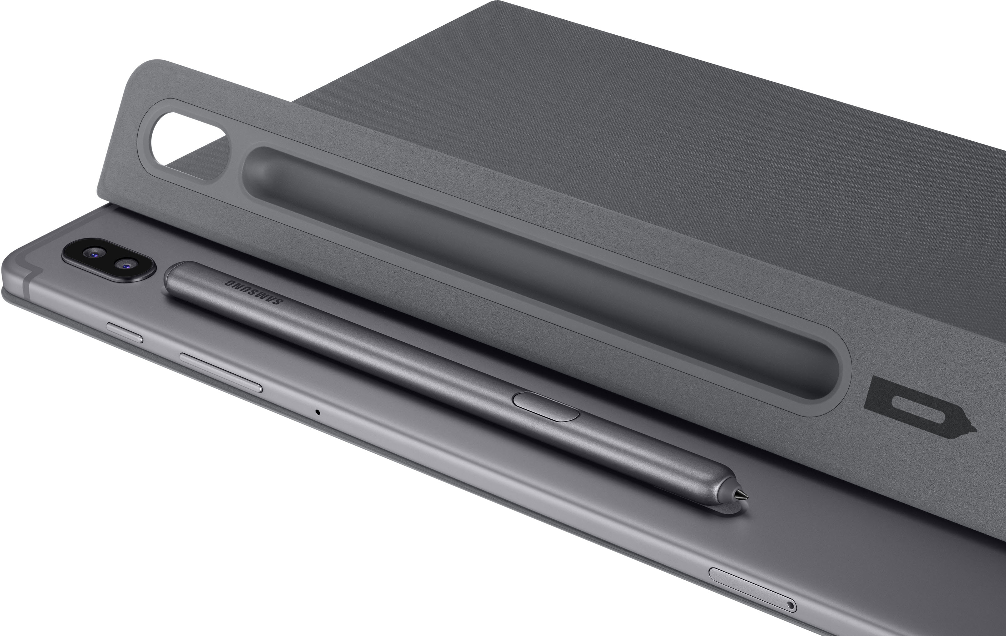 Tablet mit Stift, graues Gehäuse, Stift oben, Nahaufnahme.