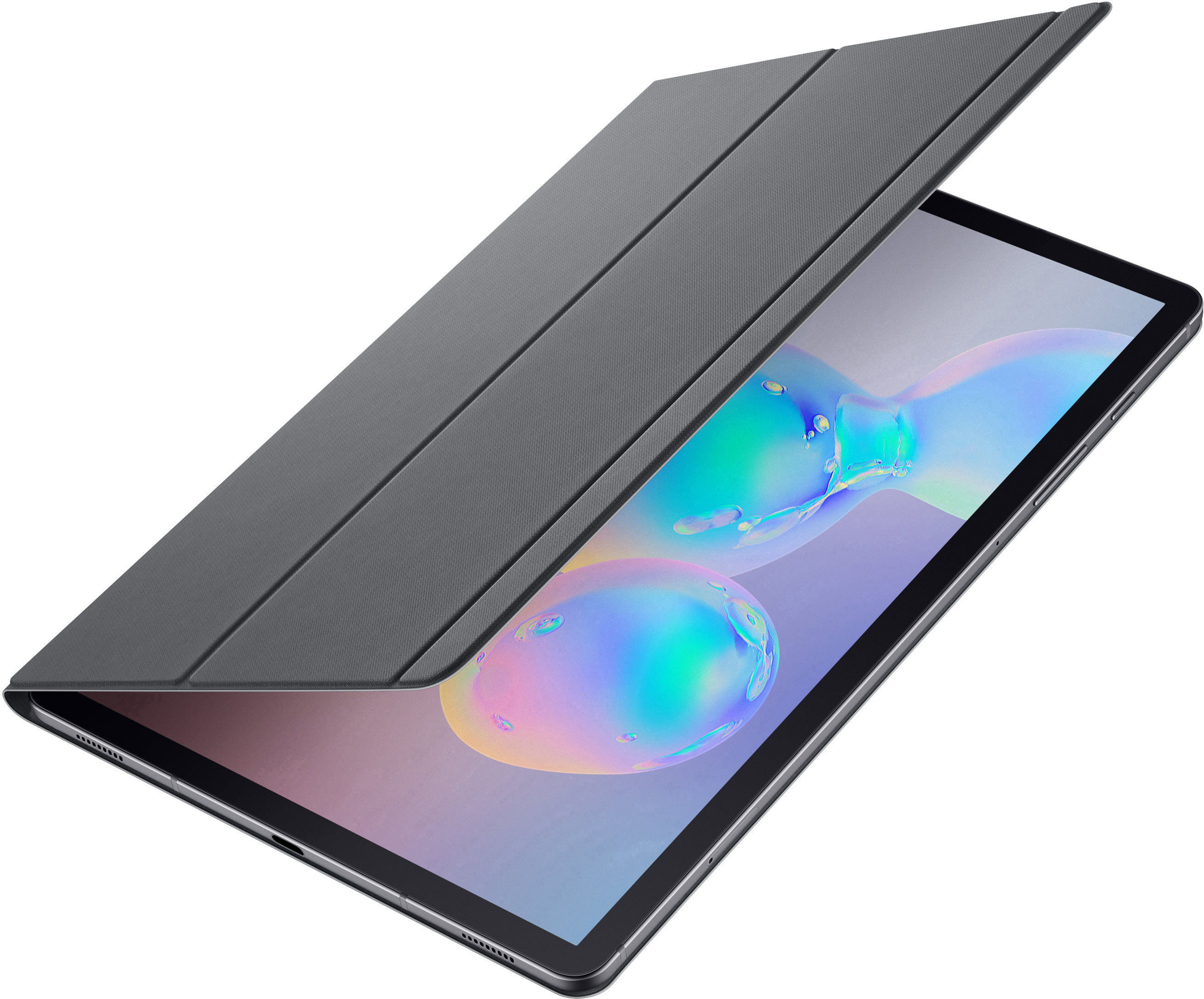 Ein graues Tablet mit Hülle, die Hülle ist geöffnet.