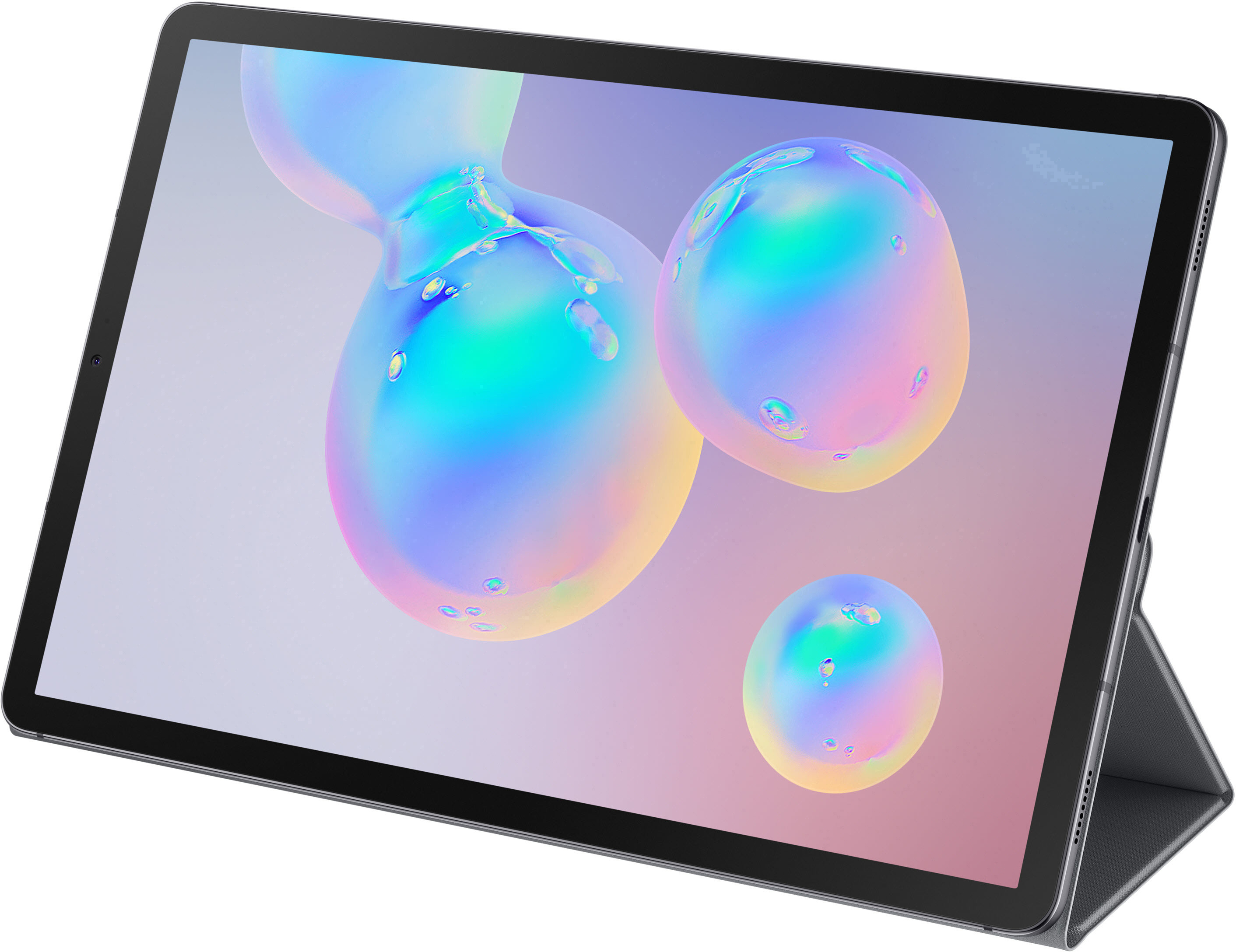 Ein Tablet mit Hülle auf einem Ständer.