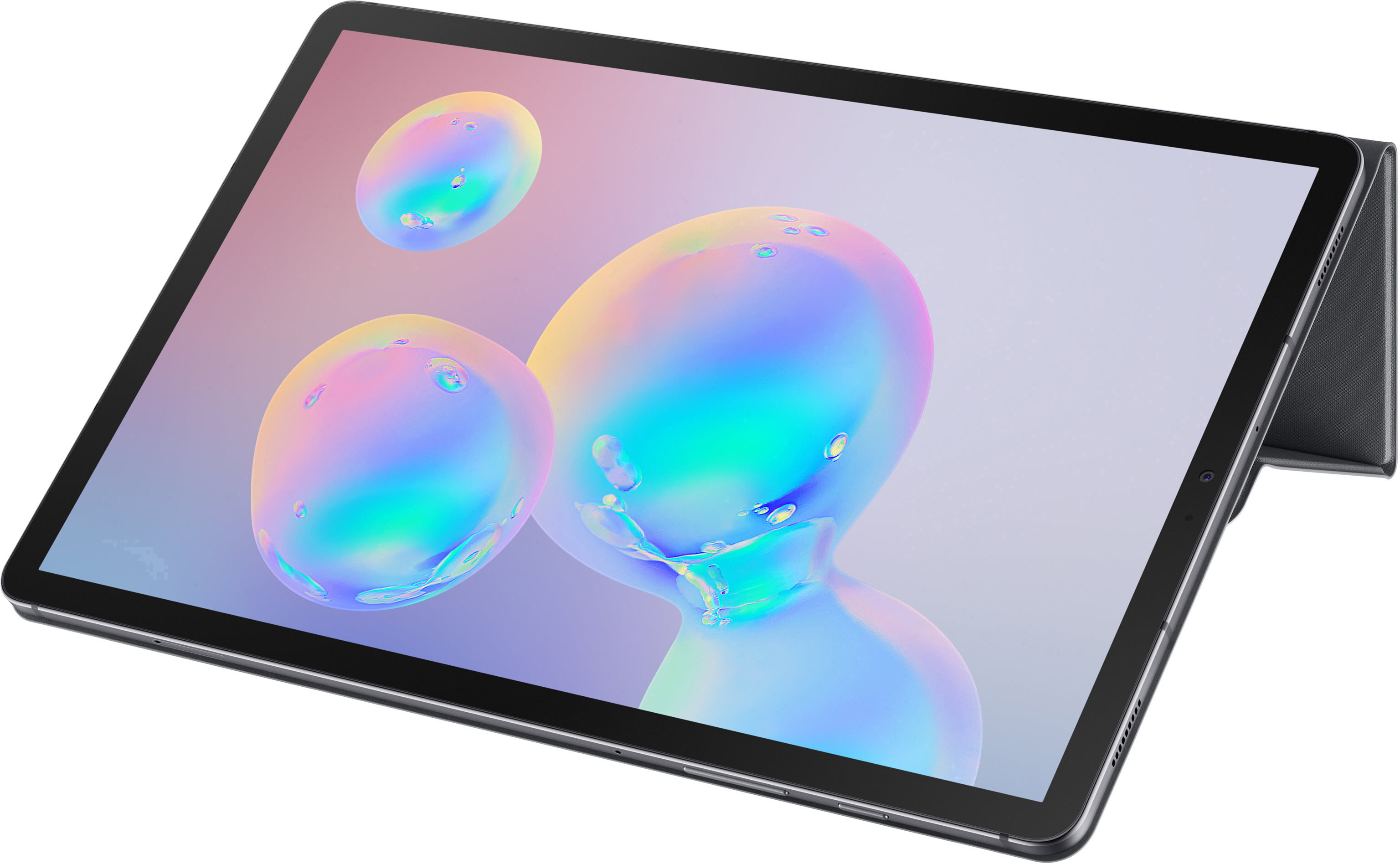 Tablet mit bunten Blasen auf dem Bildschirm, in dunklem Gehäuse, aufgestellt.