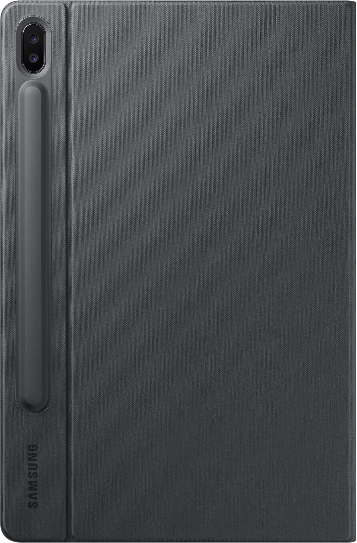 Eine dunkelgraue Tablethülle mit seitlichem Stifthalter und dem Samsung-Logo.