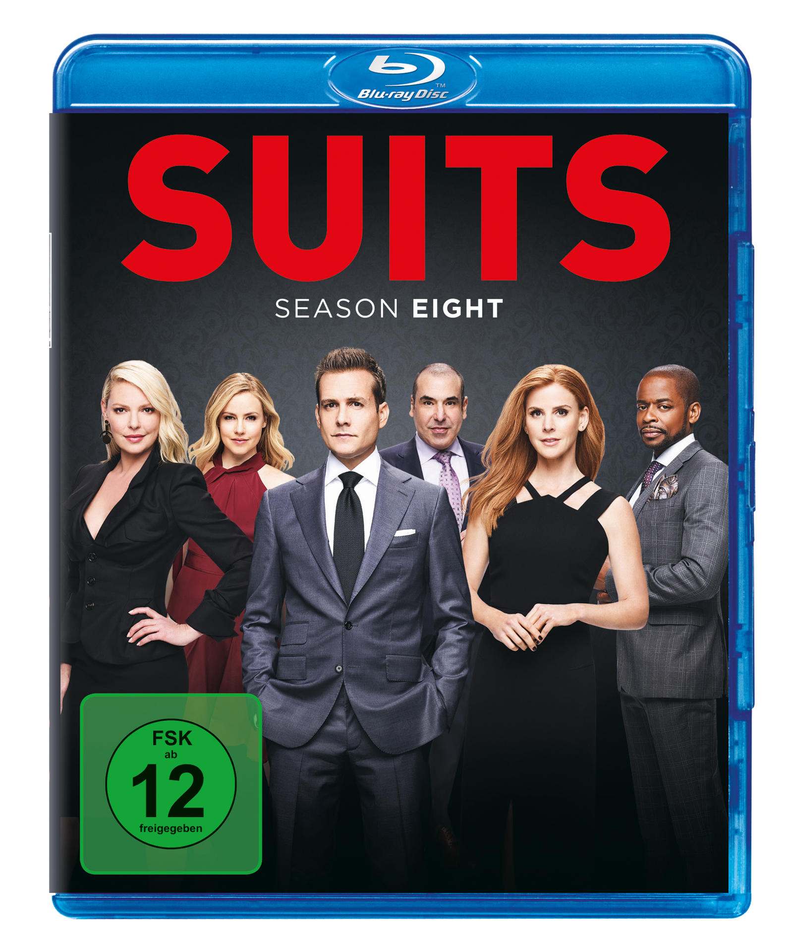 Ein Blu-ray-Cover für Suits, Staffel Acht, mit der Besetzung auf dem Cover.