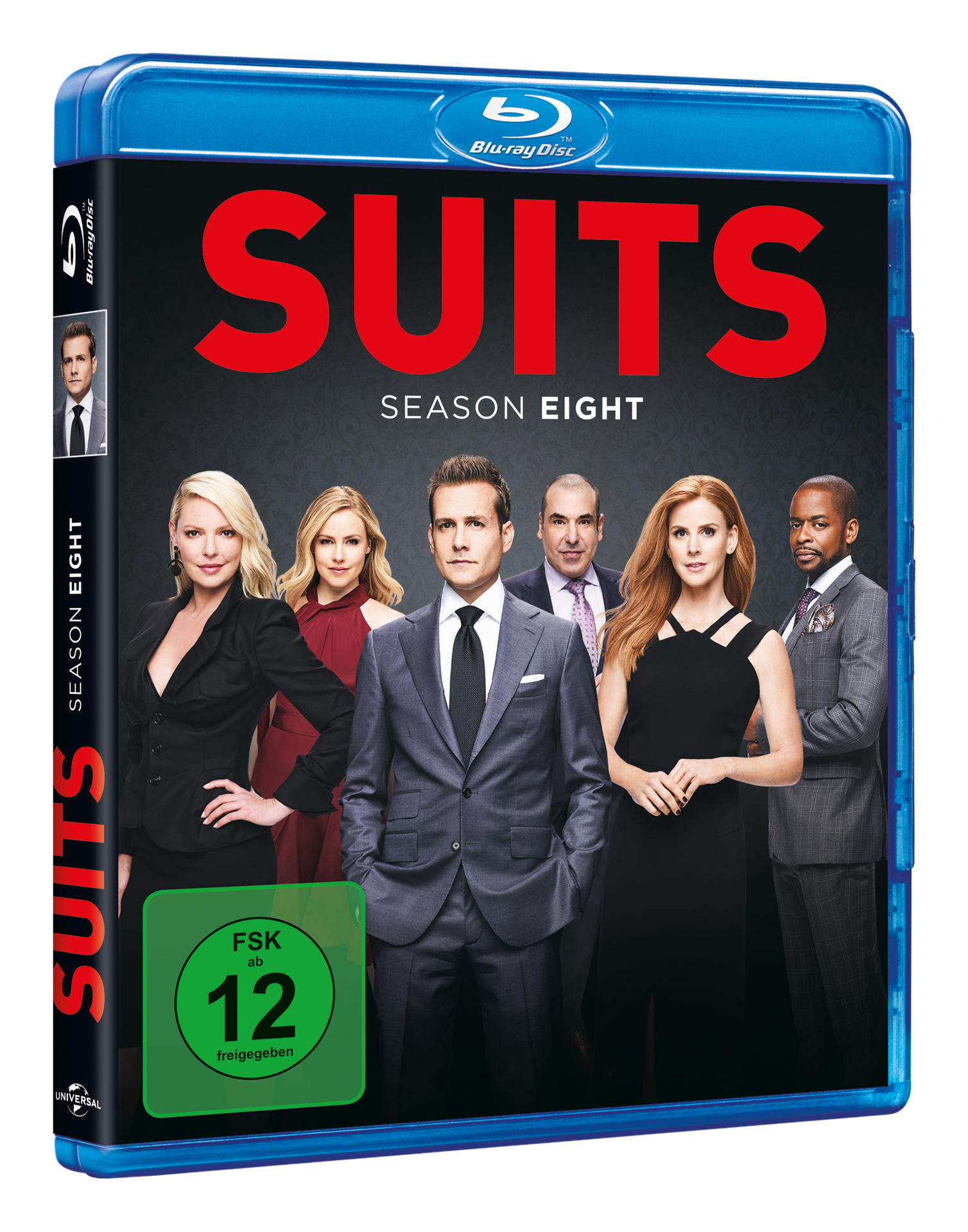 Blu-ray-Disc der Fernsehserie Suits, Staffel acht, mit den Darstellern.