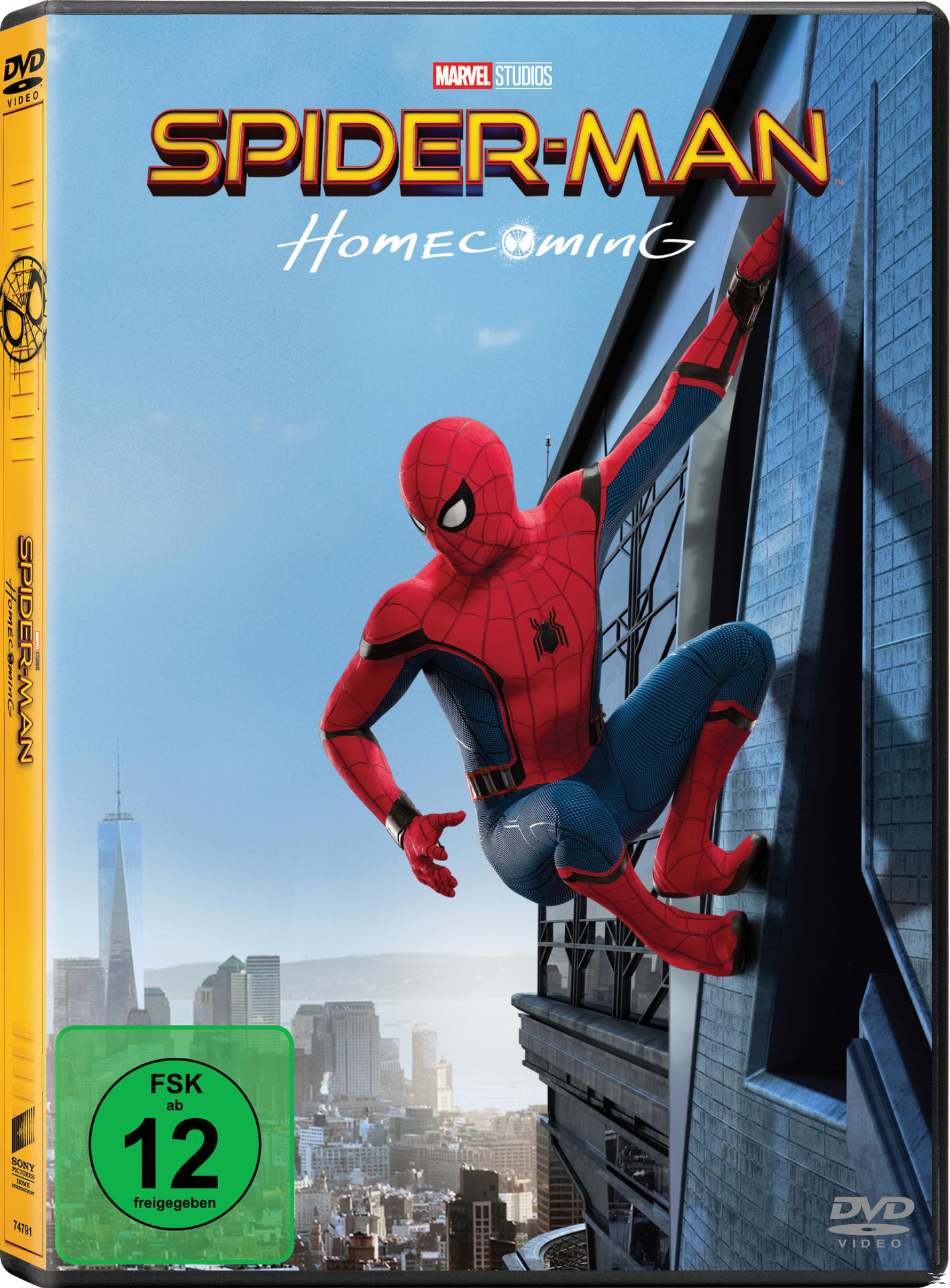 DVD-Hülle von Spider-Man: Homecoming, mit Spider-Man auf einem Gebäude.