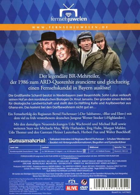 Rückseite einer DVD-Hülle mit vier Personen vor einem Fernseher.