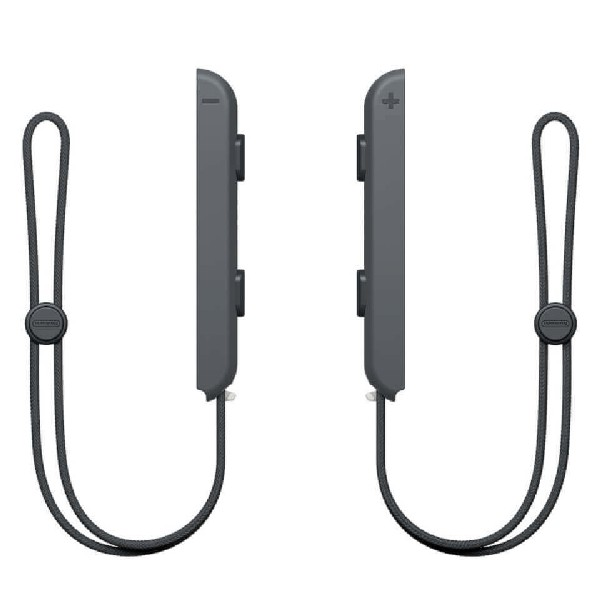Dos correas de controlador Nintendo Switch grises con correas y botones negros. Están paralelas.