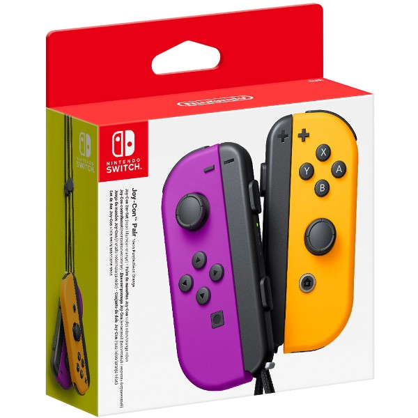 Una caja de mandos Joy-Con de Nintendo Switch en morado y naranja. La caja tiene marca.